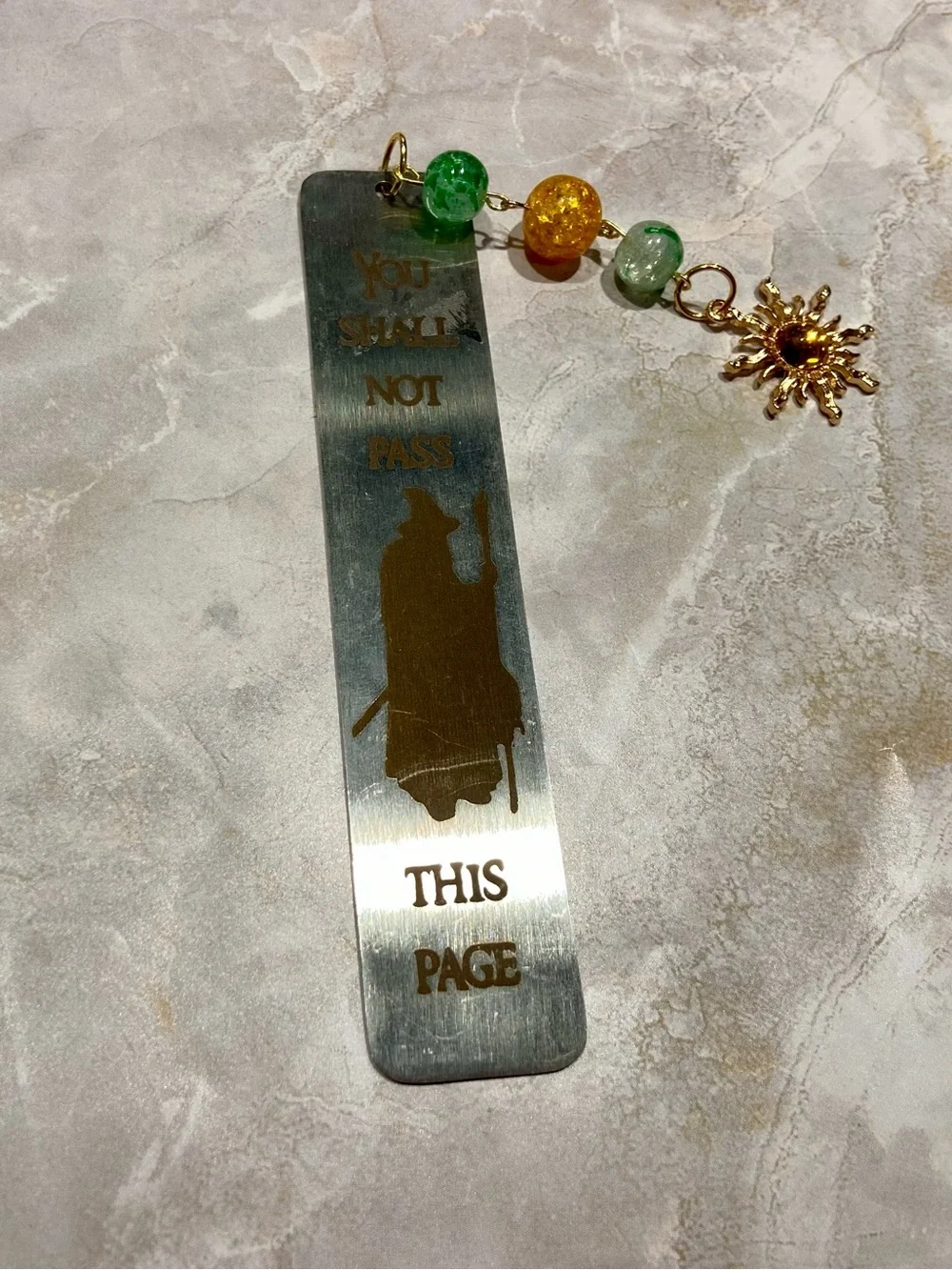 Hand Crafted Gandolph Silver Bookmark with Green and Gold Beads and Sun Charm